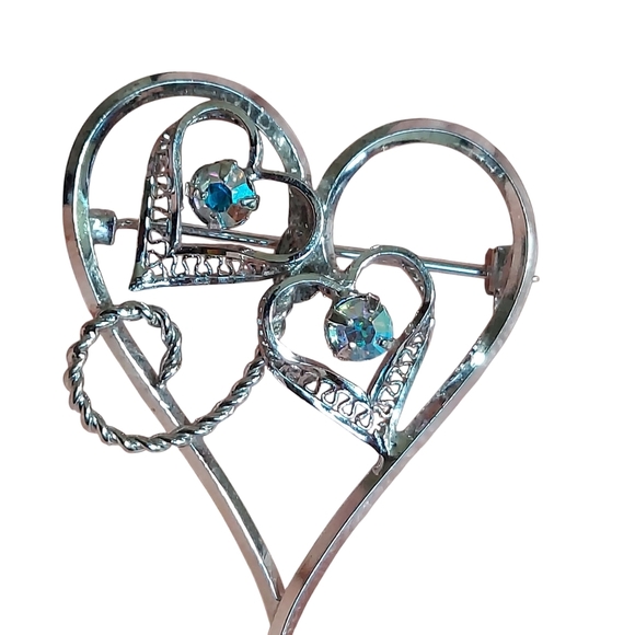 Vintage Sterling Silver Aurora Borealis Filigree Heart Brooch Pin - Picture 12 of 12